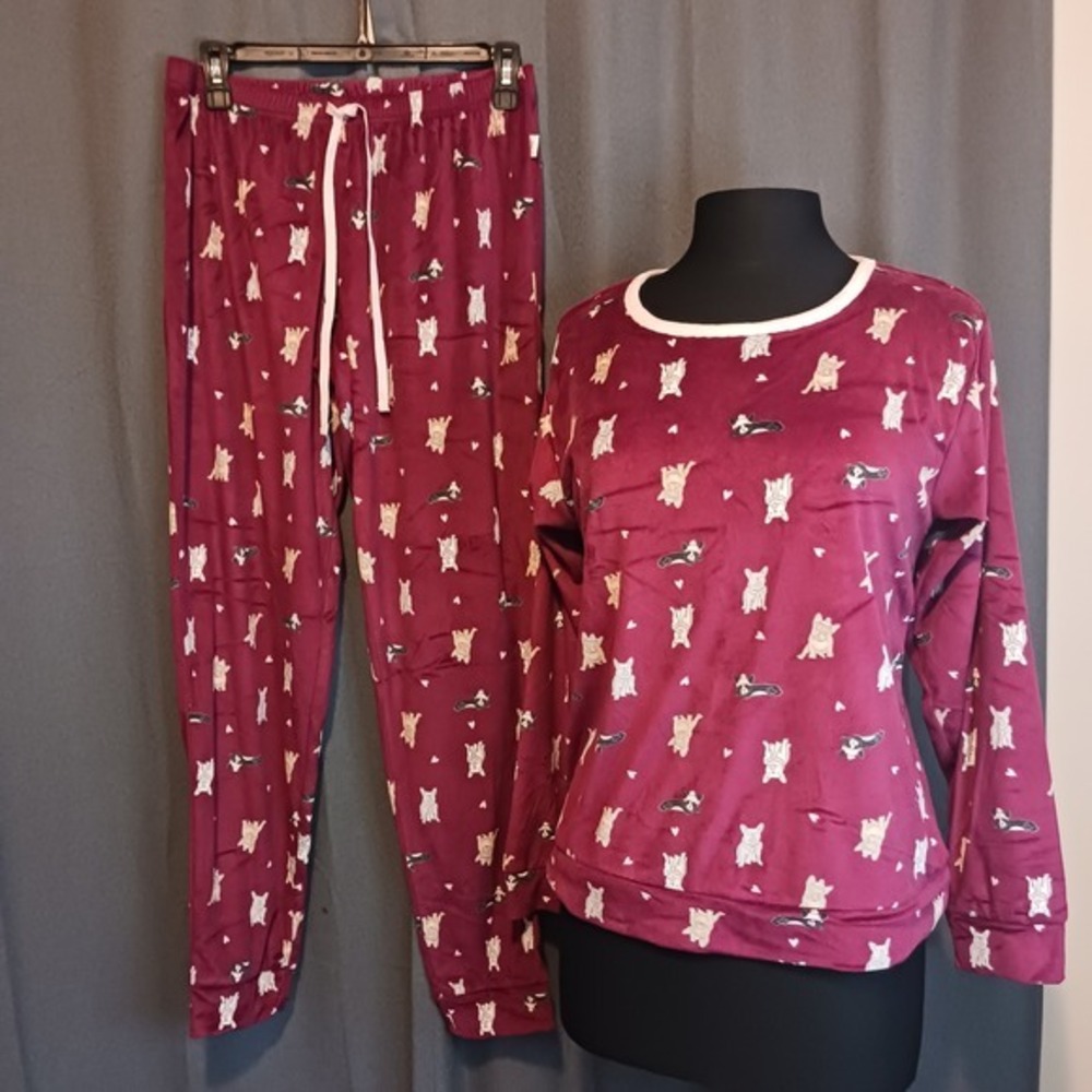 ED Ellen DeGeneres Cozy Soft Pjs Burgundy French Bulldog Velvet Pajama Set Small
